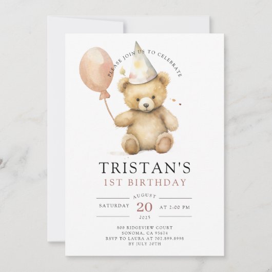 Invitation Teddy Bear Aquarelle Boy 1er anniversaire (Devant)