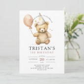 Invitation Teddy Bear Aquarelle Boy 1er anniversaire (Debout devant)