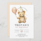 Invitation Teddy Bear Aquarelle Boy 1er anniversaire (Devant / Derrière)