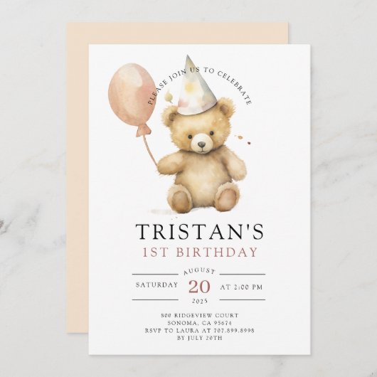 Invitation Teddy Bear Aquarelle Boy 1er anniversaire (Devant / Derrière)