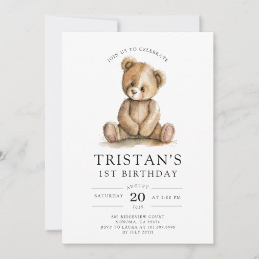 Invitation Teddy Bear Aquarelle Boy 1er anniversaire (Devant)
