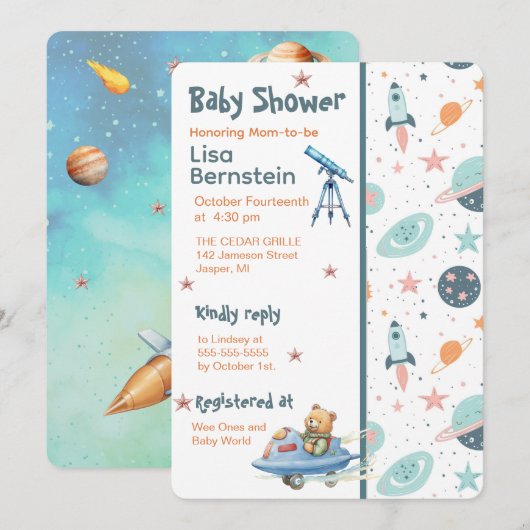 Invitation Teddy Bear Astronaut In Space Baby Shower (Devant / Derrière)