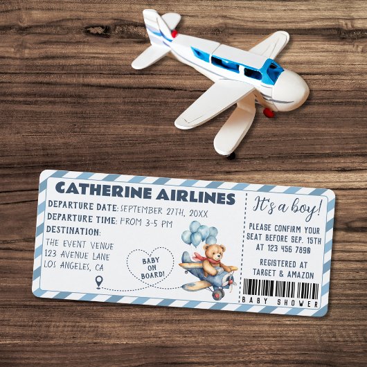 Invitation Teddy Bear Avion Passe d'embarquement Baby shower 
