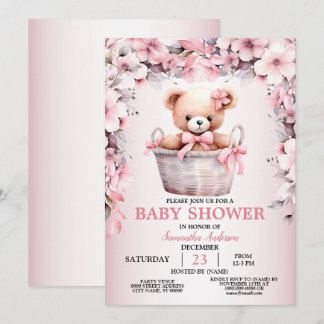 Invitation Teddy Bear Baby Girl Baby shower de fleurs roses