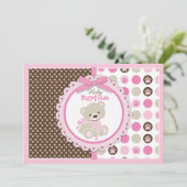 Invitation Teddy Bear Baby Girl Baptême rose (Debout devant)