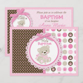 Invitation Teddy Bear Baby Girl Baptême rose (Devant / Derrière)