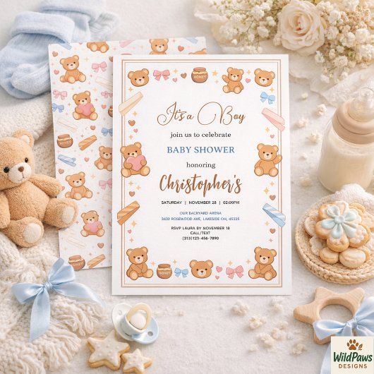 Invitation Teddy Bear Baby Shower Boy | Cute Blue Bear 