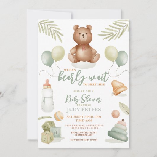 Invitation Teddy Bear Baby shower Garçon Monnaie fille à pein (Devant)
