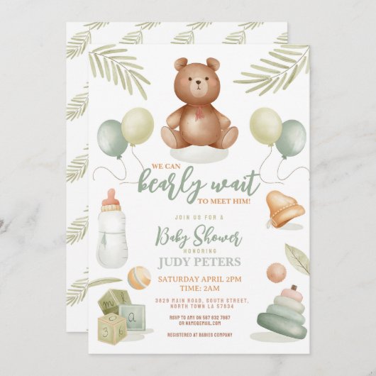 Invitation Teddy Bear Baby shower Garçon Monnaie fille à pein (Devant / Derrière)
