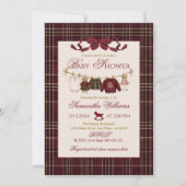 Invitation Teddy Bear Baby Shower Girl Plaid Burgundy Bow (Devant)