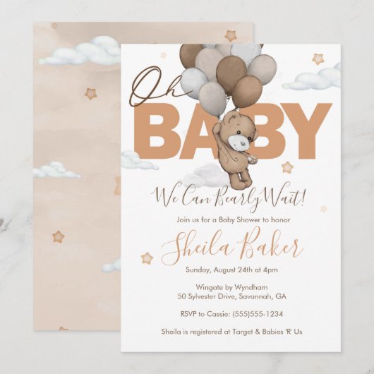 Invitation Teddy Bear Baby shower Invitation, "Bearly Wait" (Devant / Derrière)