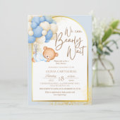 Invitation Teddy Bear Baby shower moderne bleu or (Debout devant)