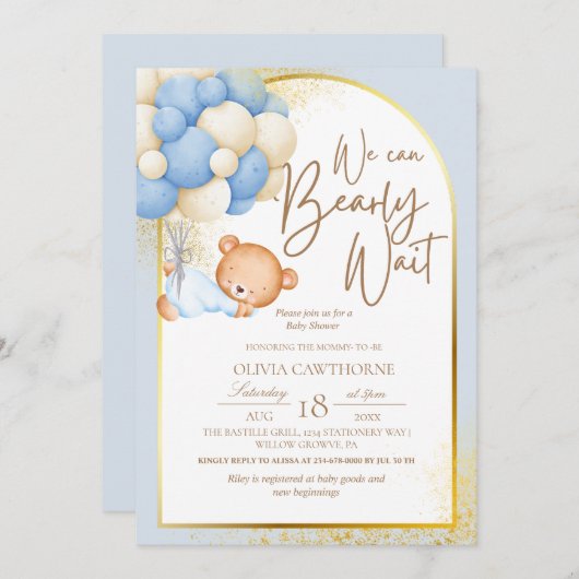 Invitation Teddy Bear Baby shower moderne bleu or (Devant / Derrière)