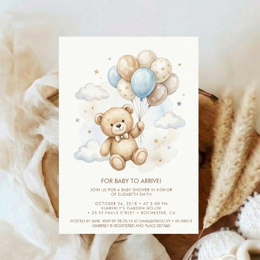Invitation Teddy Bear Baby Shower with Brown Sage Balloons