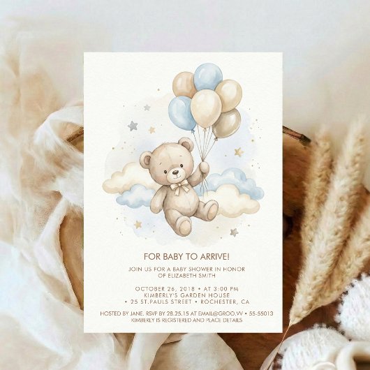 Invitation Teddy Bear Baby Shower with Brown Sage Balloons