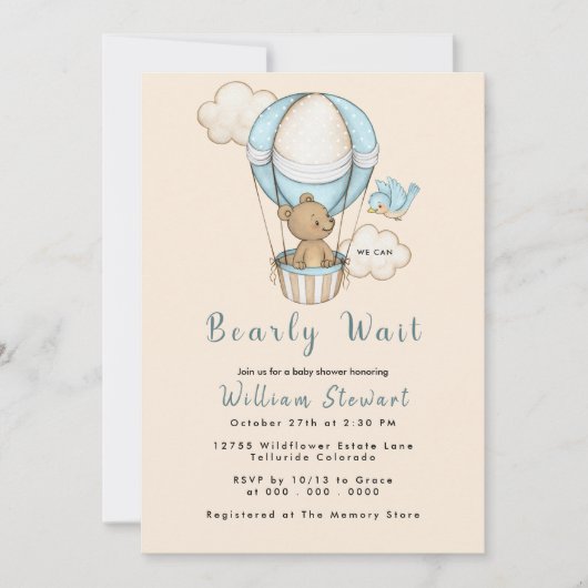 Invitation Teddy Bear Balloon Boy Bearly Wait Baby shower (Devant)