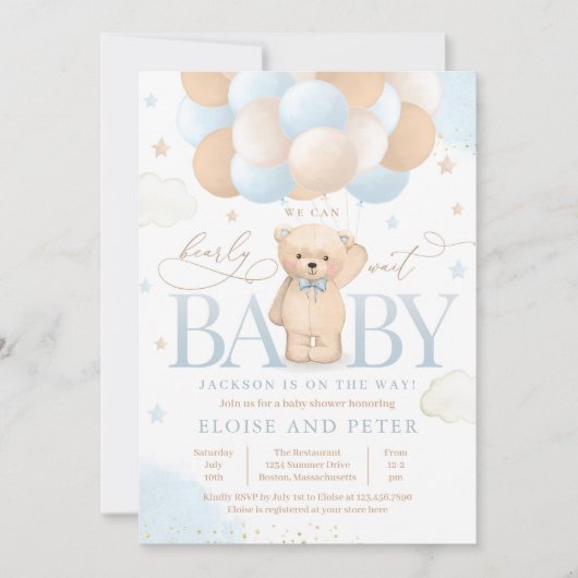 Invitation Teddy Bear Balloon Boy Bearly Wait Baby shower (Devant)