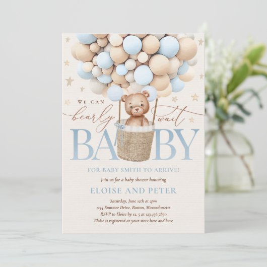 Invitation Teddy Bear Balloon Boy Bearly Wait Baby shower (Debout devant)