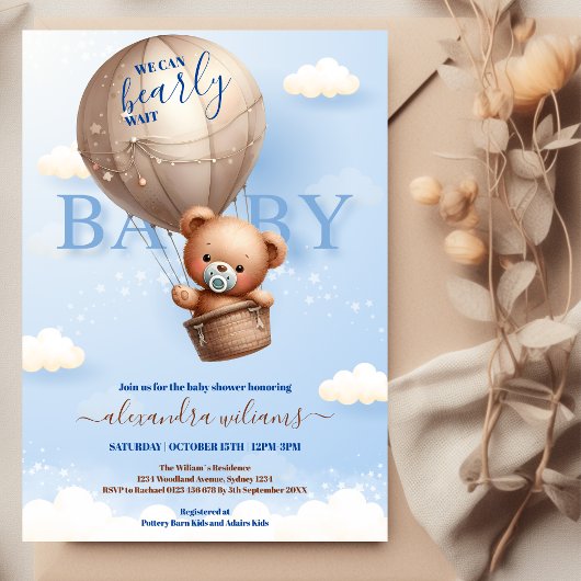 Invitation Teddy Bear Balloon Boy Bearly Wait Baby shower