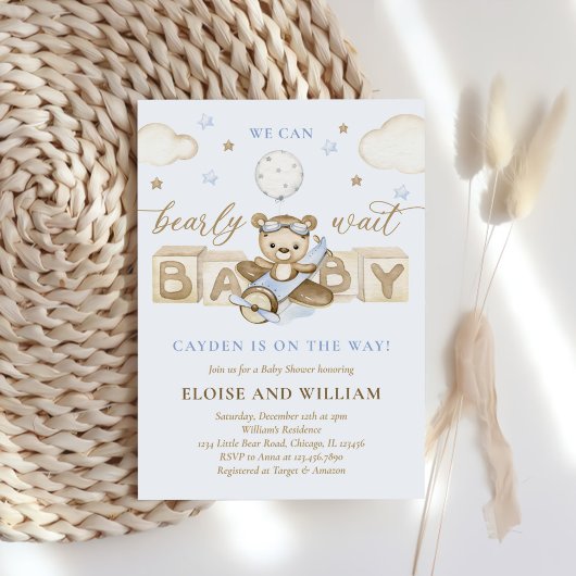 Invitation Teddy Bear Balloon Boy Bearly Wait Baby shower