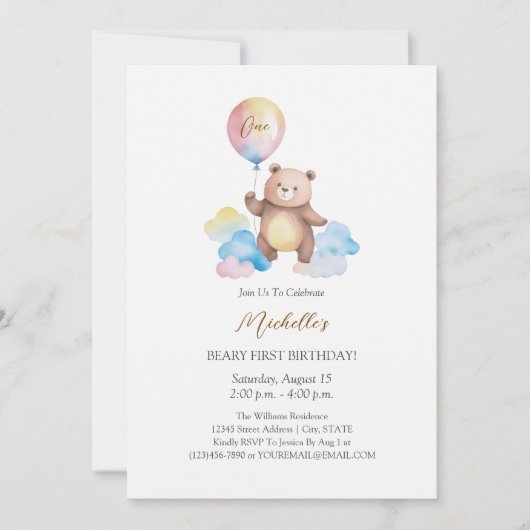 Invitation Teddy Bear Balloon Clouds Beary First Birthday (Devant)