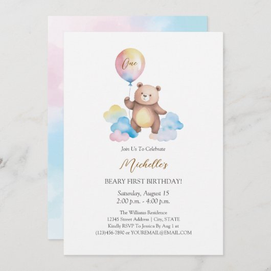 Invitation Teddy Bear Balloon Clouds Beary First Birthday (Devant / Derrière)