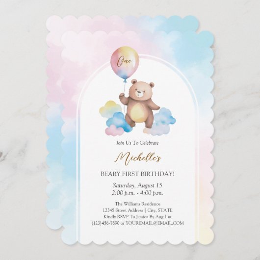 Invitation Teddy Bear Balloon Clouds Beary First Birthday (Devant / Derrière)