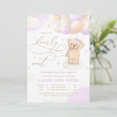 Invitation Teddy Bear Balloon Girl Bearly Wait Baby shower (Debout devant)