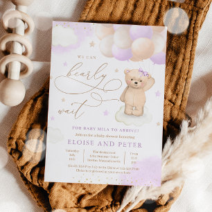 Invitation Teddy Bear Balloon Girl Bearly Wait Baby shower