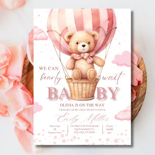 Invitation Teddy Bear Balloon Girl Bearly Wait Baby shower