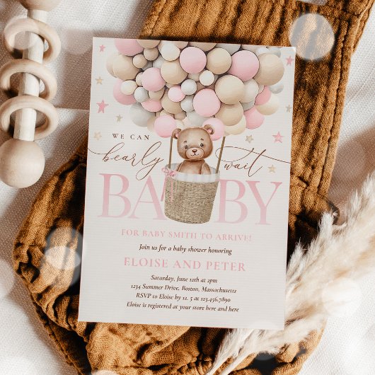 Invitation Teddy Bear Balloon Girl Bearly Wait Baby shower