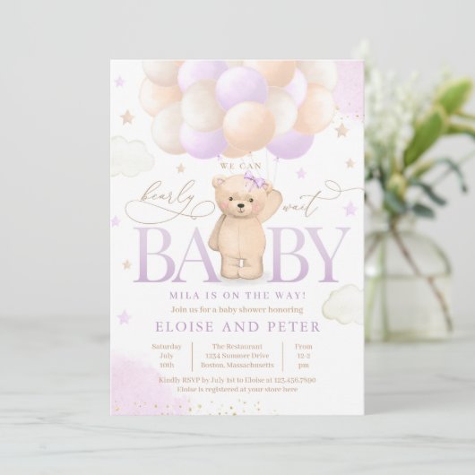Invitation Teddy Bear Balloon Girl Bearly Wait Baby shower (Debout devant)