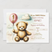 Invitation Teddy Bear Balloon rose 1er anniversaire (Devant)