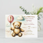Invitation Teddy Bear Balloon rose 1er anniversaire (Debout devant)