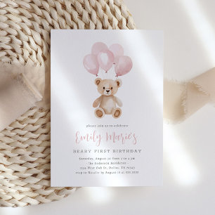 Invitation Teddy Bear Balloon rose Béary Premier anniversaire