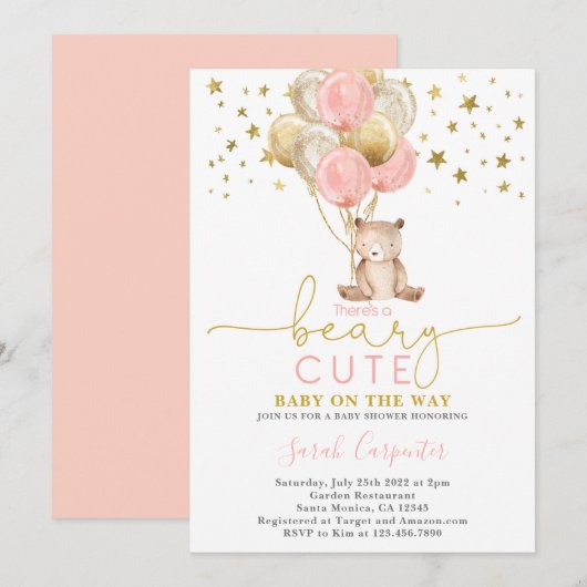 Invitation Teddy Bear Balloons Baby shower Girl (Devant / Derrière)