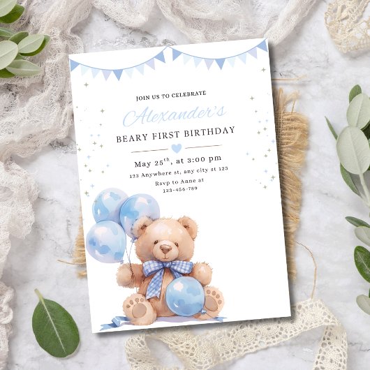Invitation Teddy Bear Balloons Birthday Invite, Beary First