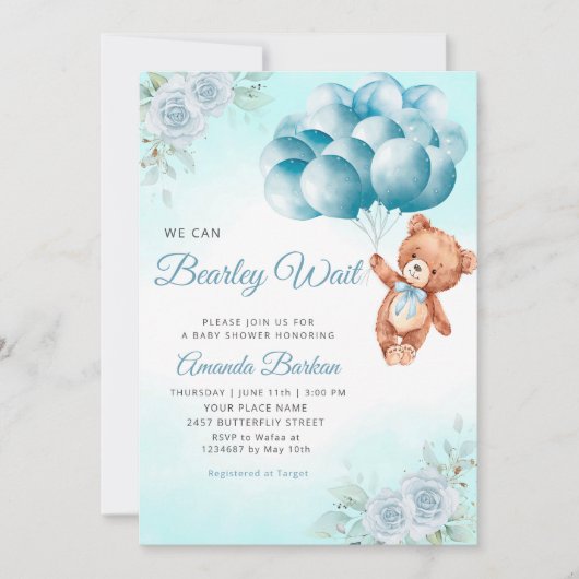 Invitation Teddy Bear Balloons Garçon Bearly Wait Baby shower (Devant)
