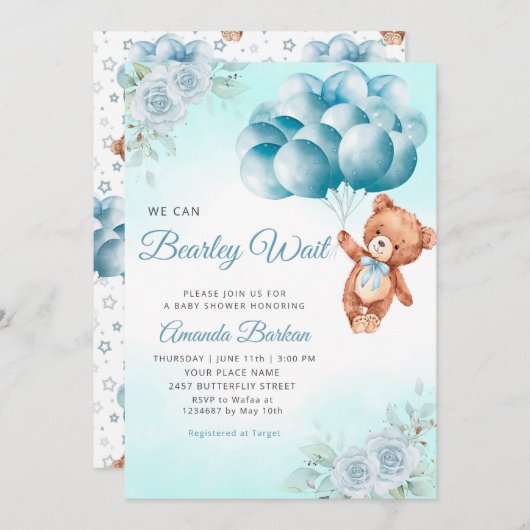 Invitation Teddy Bear Balloons Garçon Bearly Wait Baby shower (Devant / Derrière)