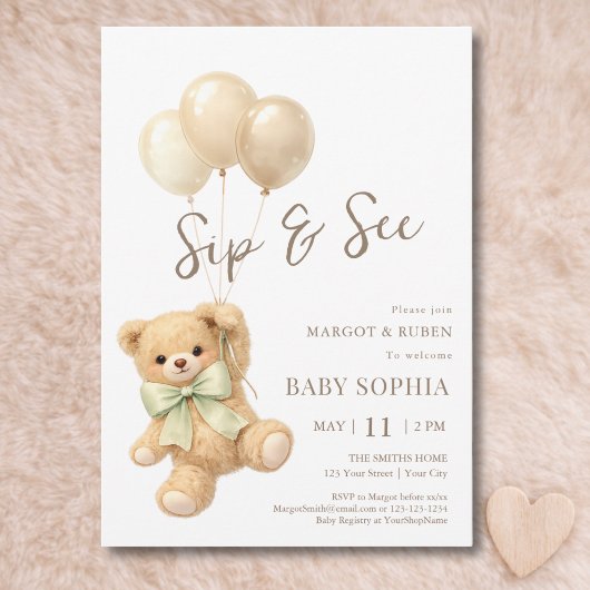 Invitation Teddy Bear Balloons Sip and See