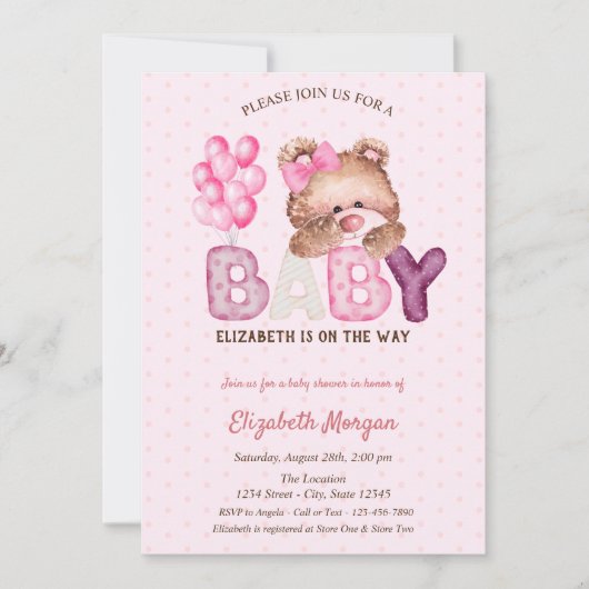 Invitation Teddy Bear Balloors Baby shower Pois (Devant)