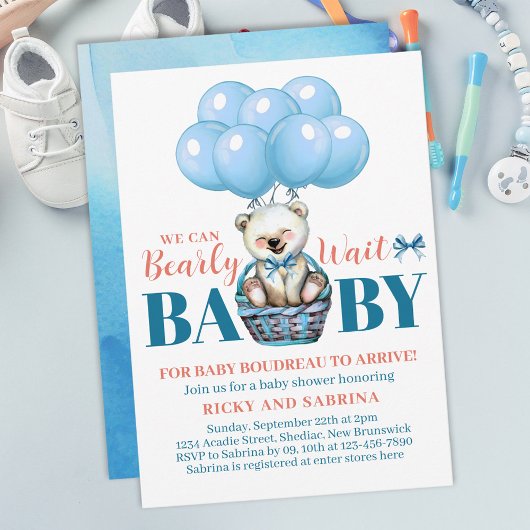 Invitation Teddy Bear Bearly There Baby shower bleu