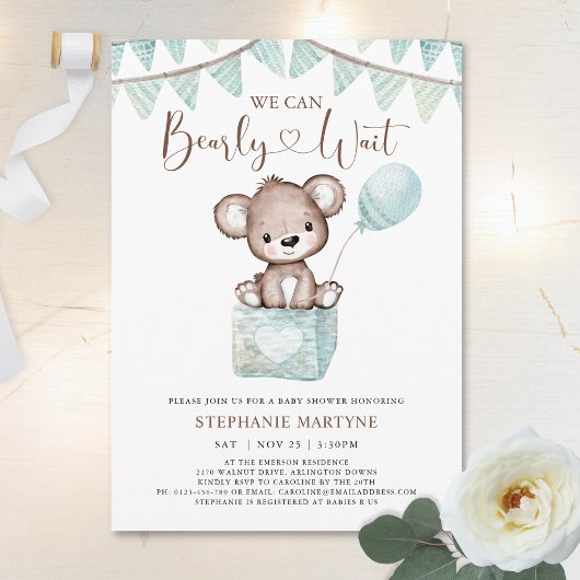 Invitation Teddy Bear Bearly Wait Blue Balloon Baby shower da
