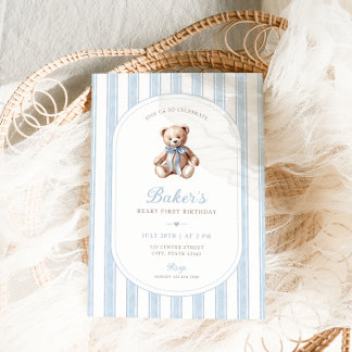 Invitation Teddy Bear Bleu Minimaliste Garçon Anniversaire