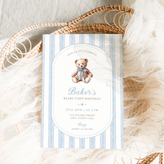 Invitation Teddy Bear Bleu Minimaliste Garçon Anniversaire