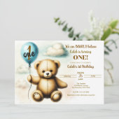 Invitation Teddy Bear Blue Balloon 1er Anniversaire (Debout devant)