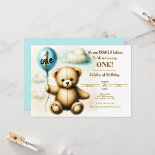 Invitation Teddy Bear Blue Balloon 1er Anniversaire