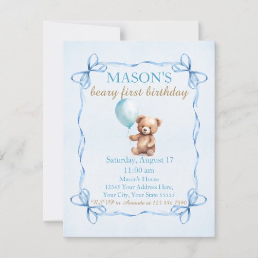 Invitation Teddy Bear Blue Balloon Beary Premier anniversaire (Devant)