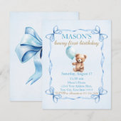 Invitation Teddy Bear Blue Balloon Beary Premier anniversaire (Devant / Derrière)