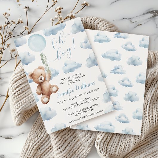 Invitation Teddy Bear Blue Balloon Oh Boy Baby shower